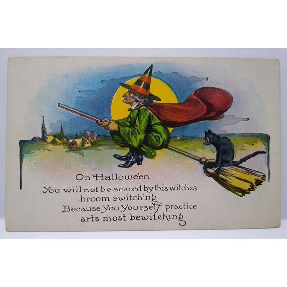Halloween Postcard Fantasy Witch On Broom Black Cat Full Moon NYCE Series 363 - Picture 2 of 3